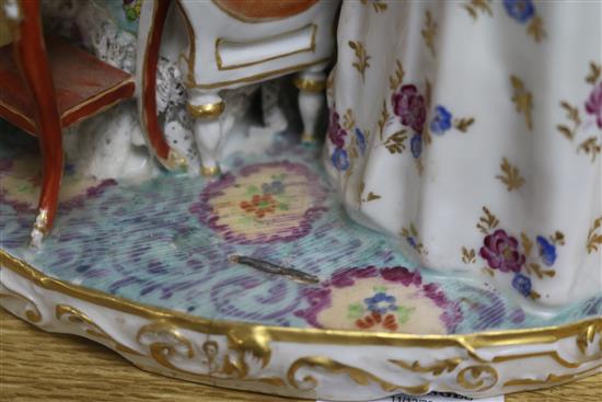 A German porcelain conversation group of three elegant figures and one other similar (cracked)	